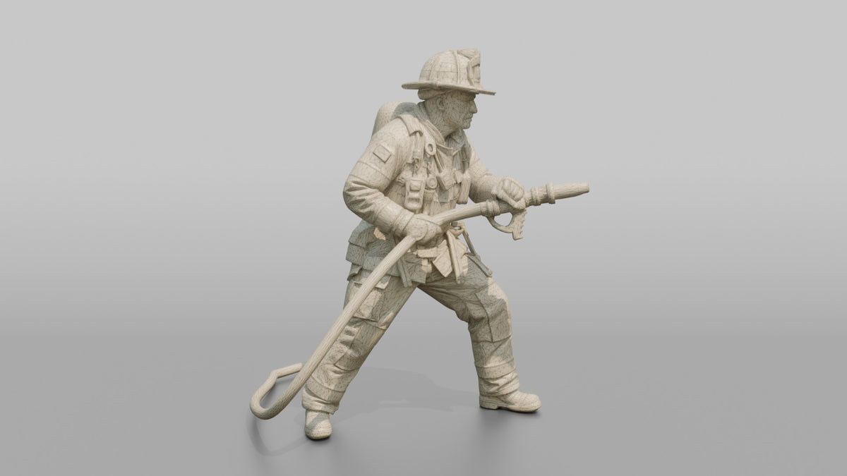 Firefighter Man Bracing Himself While Holding a Pressurized Fire Hose - wireframe topology preview