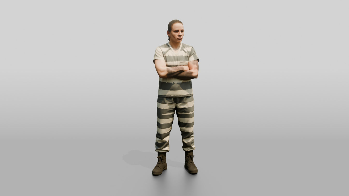 Caucasian Female Prisoner in a Grey-white Striped Uniform