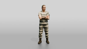 Caucasian Female Prisoner in a Grey-white Striped Uniform - 3D character model, view 1
