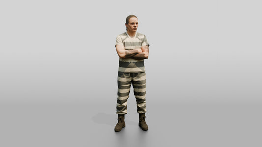 Caucasian Female Prisoner in a Grey-white Striped Uniform - 3D character model, view 1