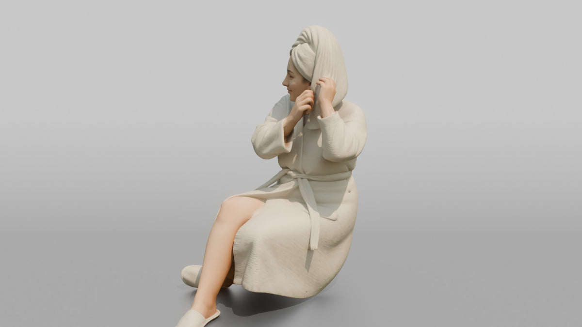 Spa Client Woman Sitting In A Robe, Adjusting A Hair Towel - 3D character model, view 4