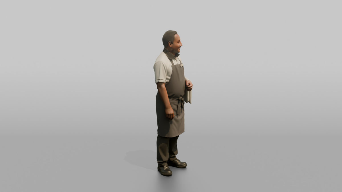 Server Man Holding A Folded White Napkin Over One Arm - 3D character model, view 2