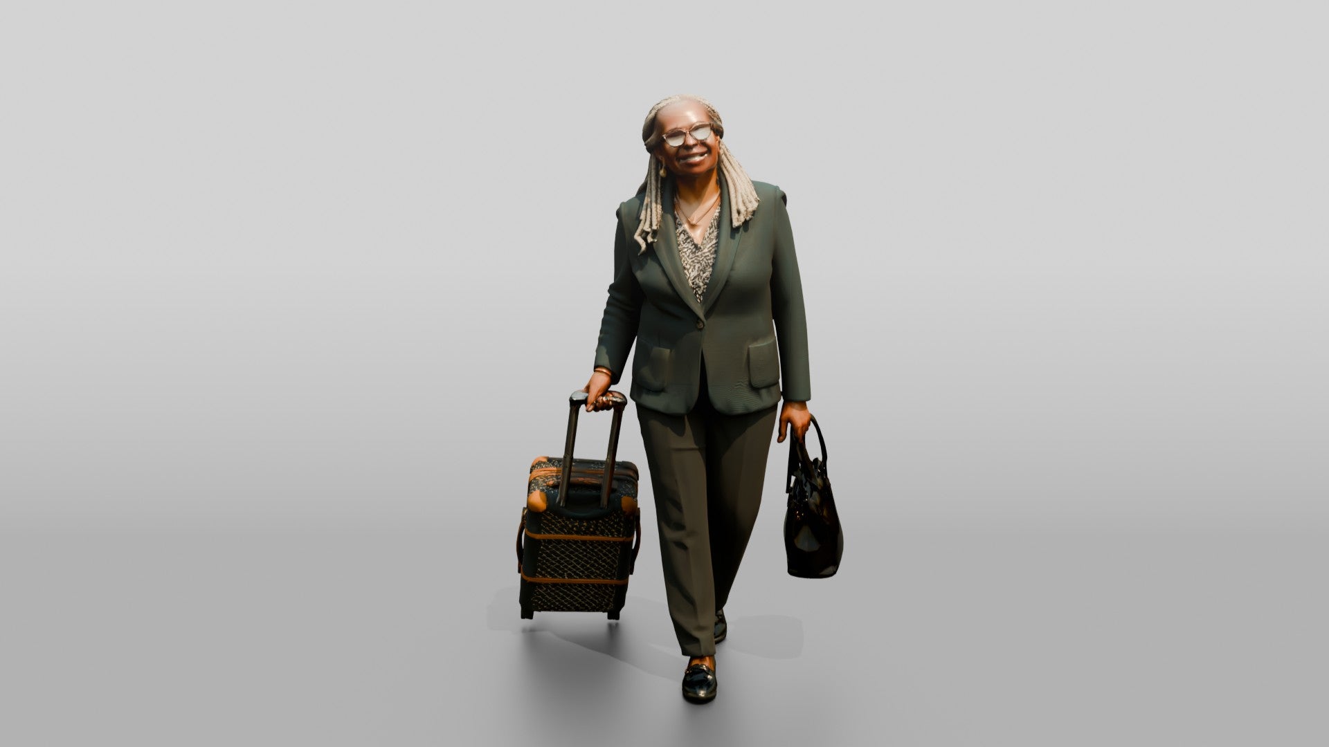 Elderly Black Woman in Green Blazer with Patterned Luggage