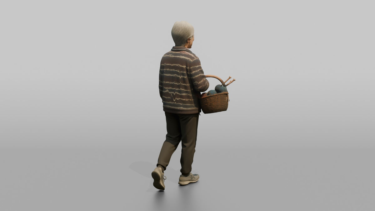 Grandmother Carrying A Basket Of Yarn And Knitting Needles - 3D character model, view 3