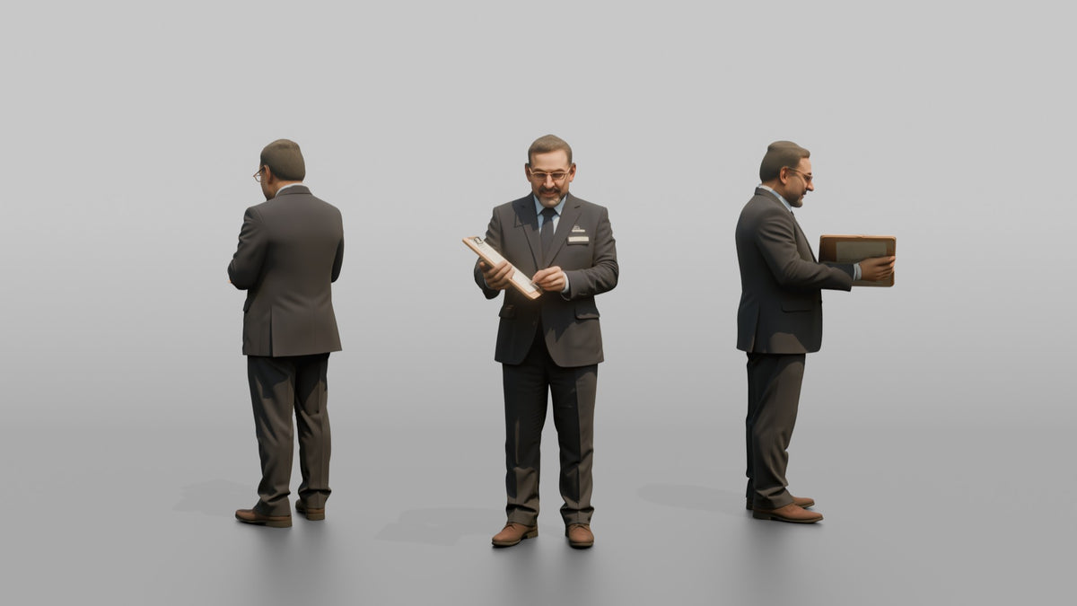 Receptionist Man Holding A Pen, Signing A Form - 3D character model, view 1