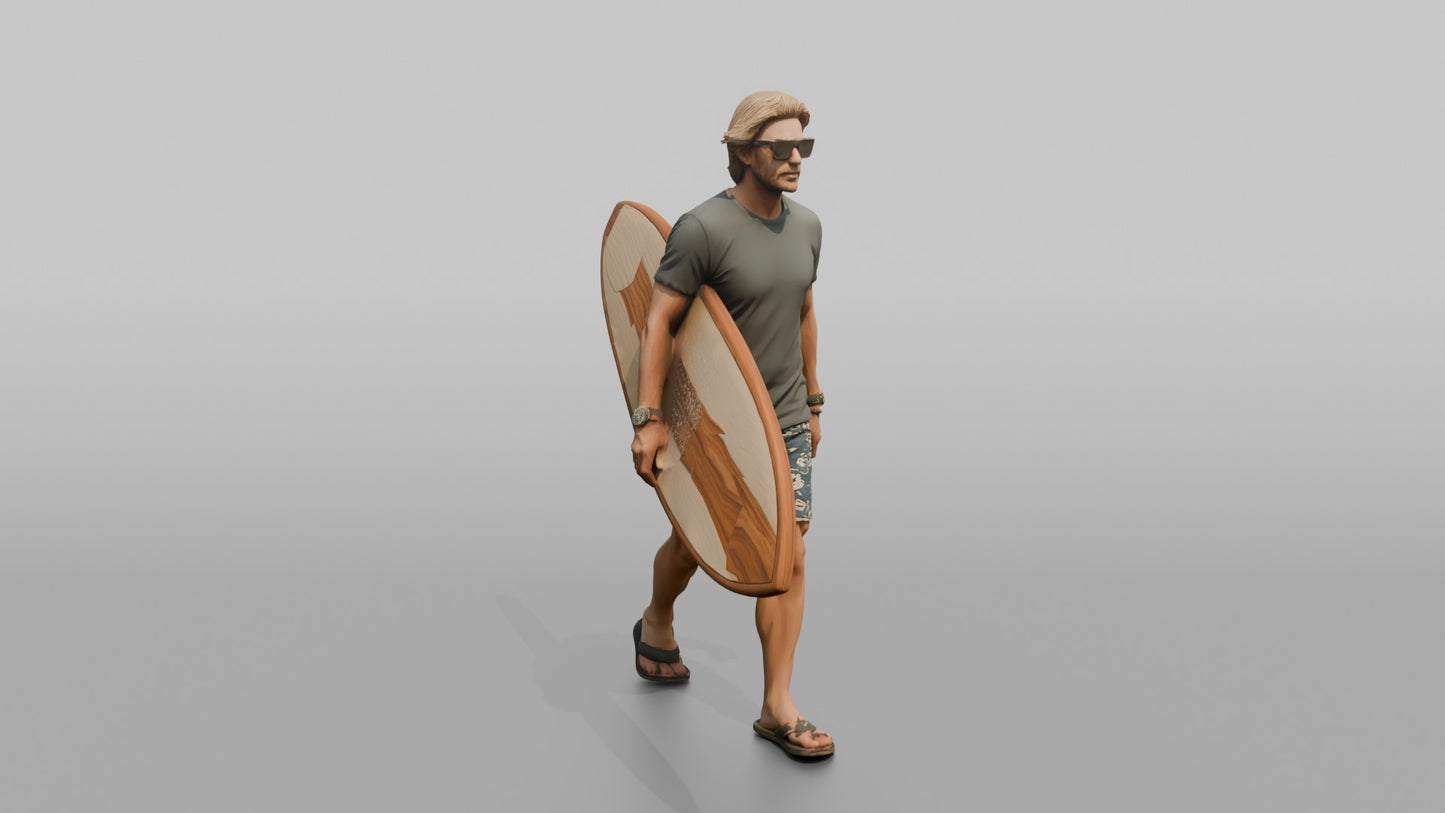 Distinguished Surfer Carrying a Wooden Surfboard