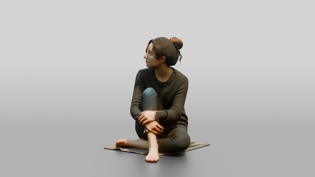 Homeless Woman Looking Up Thoughtfully with Chin Resting on Her Knee