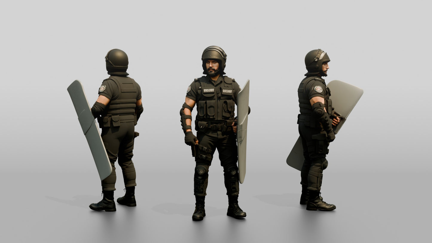 Riot Police Officer Standing with Shield