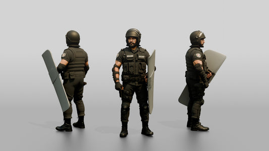 Riot Police Officer Standing with Shield