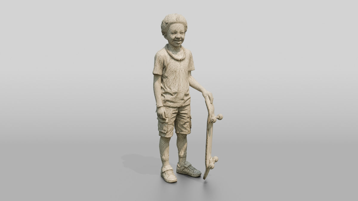 African Boy Holding a Skateboard - wireframe topology preview