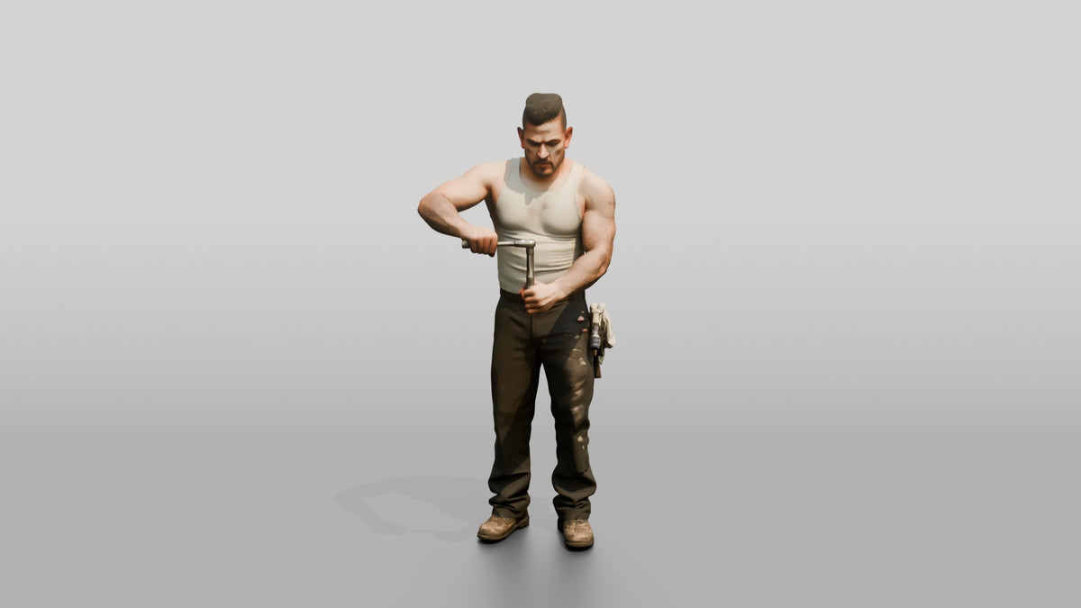 Mechanic Assembling a V8 Engine Block - 3D character model, view 5