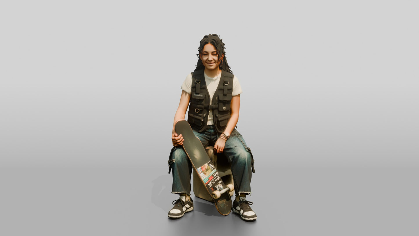 Skater Woman in Utility Vest with Skateboard