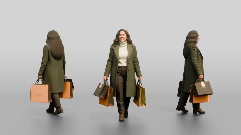 Woman in Green Wool Coat with Shopping Bags