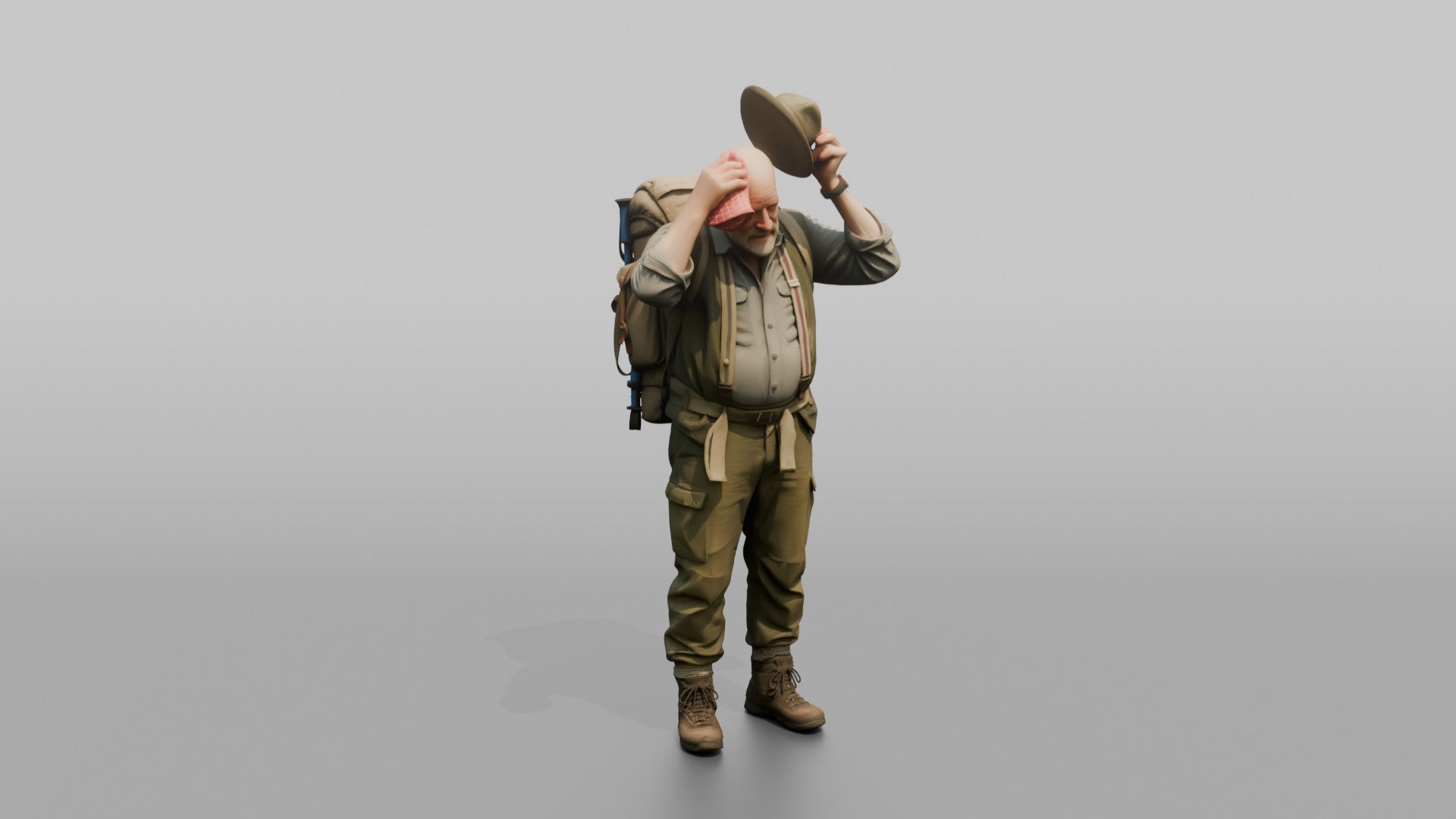 Hiker Wiping His Head with a Handkerchief