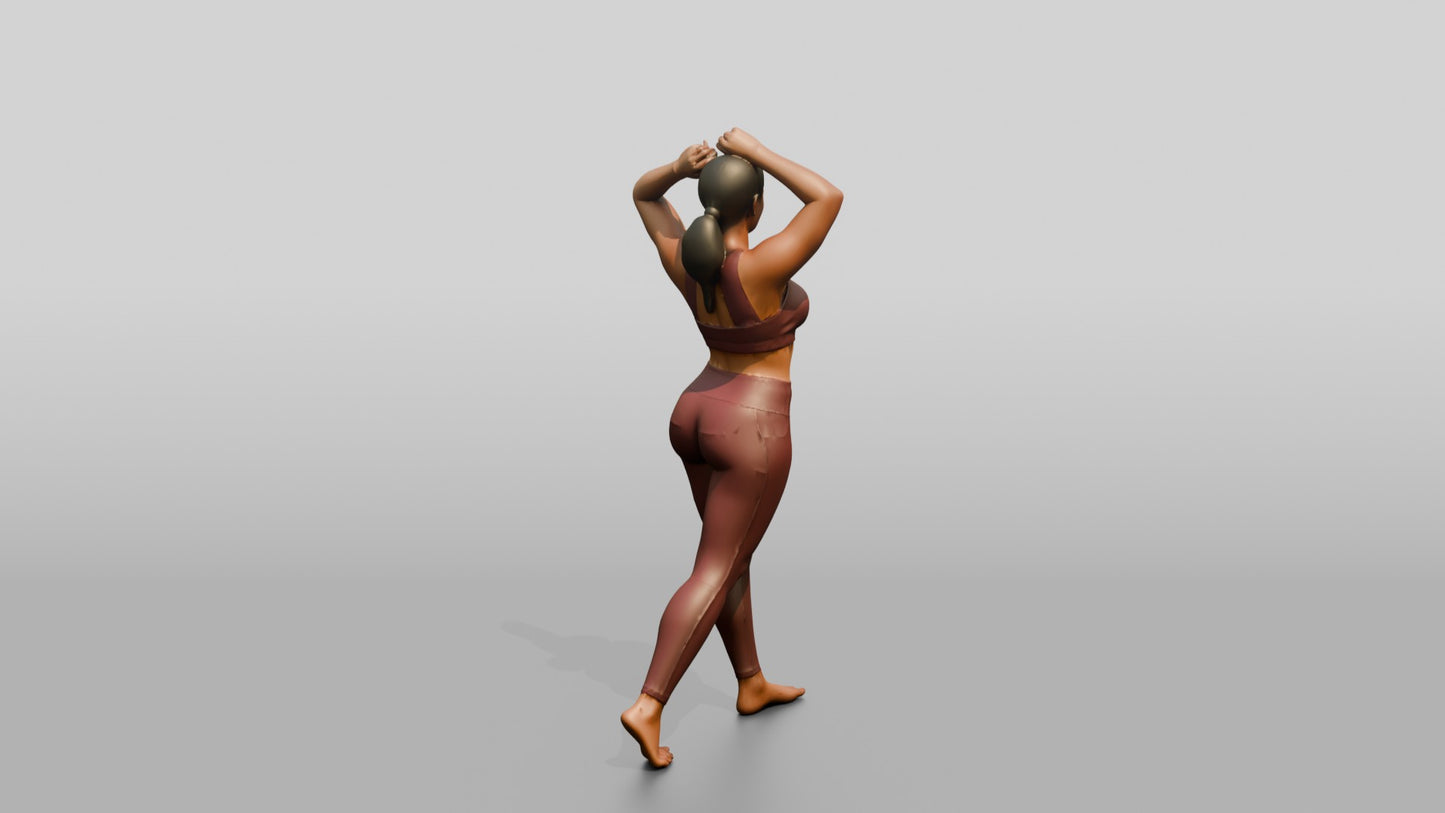 Curvy Woman in Rose Activewear Arms Raised to Her Hair