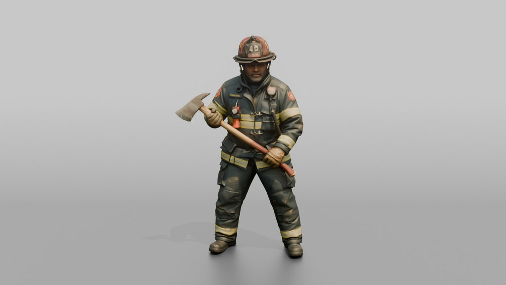 Firefighter Man Holding a Fire Axe in a Ready Stance