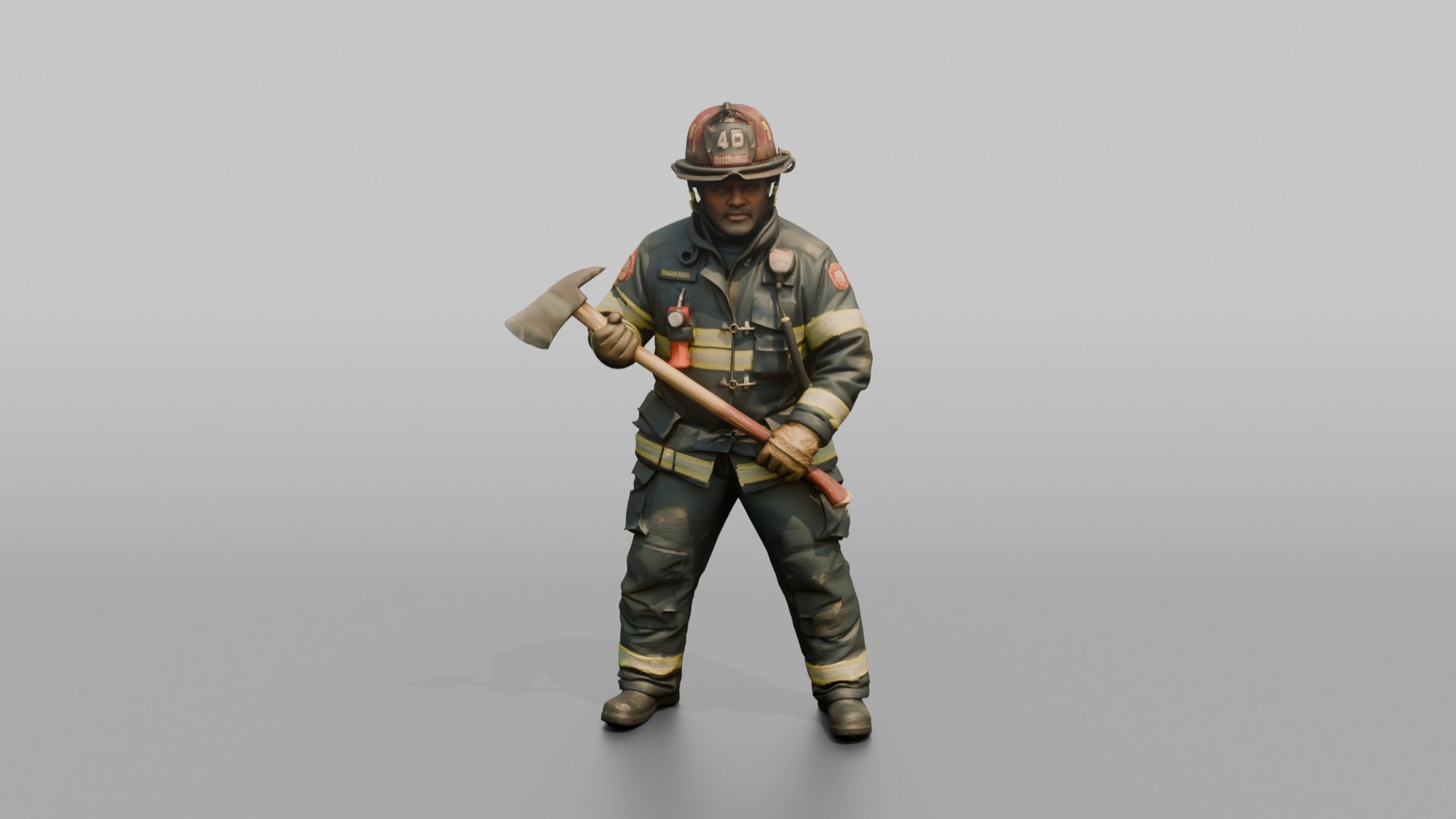 Firefighter Man Holding a Fire Axe in a Ready Stance