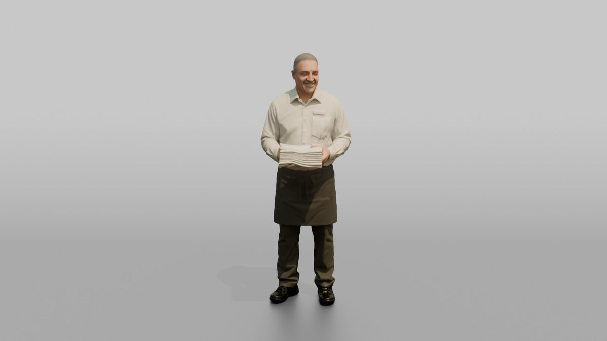 Server Woman Carrying A Stack Of Clean Folded Napkins - 3D character model, view 5