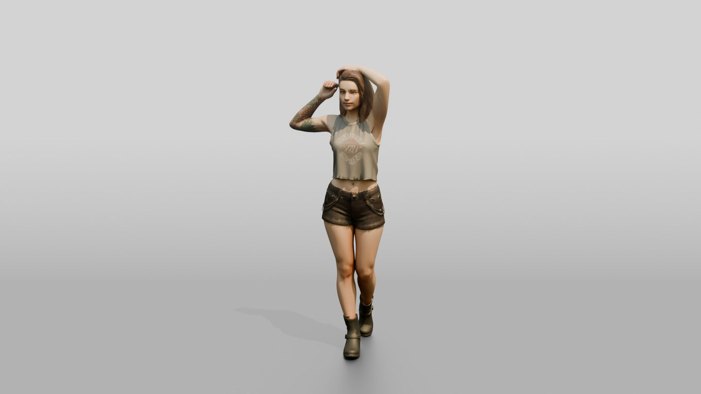 Woman Adjusting Her Hair in Cream Top and Denim Shorts