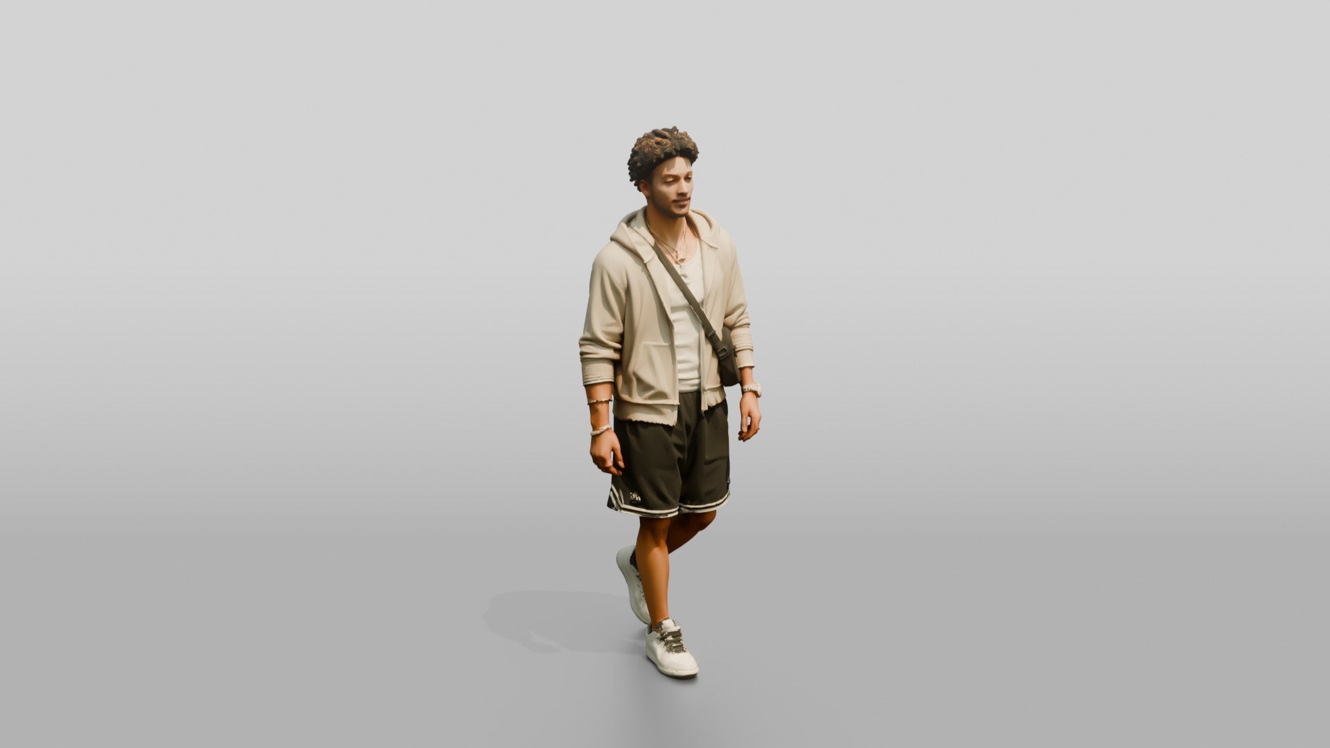 African-American Man Walking the Boardwalk in Towel Hoodie