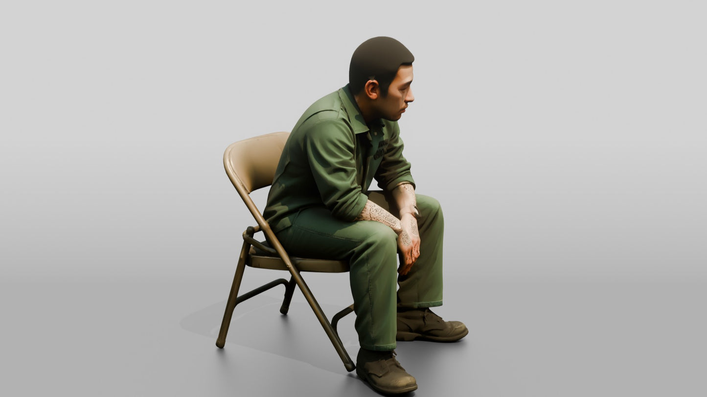 East Asian Male Prisoner in a Green Uniform