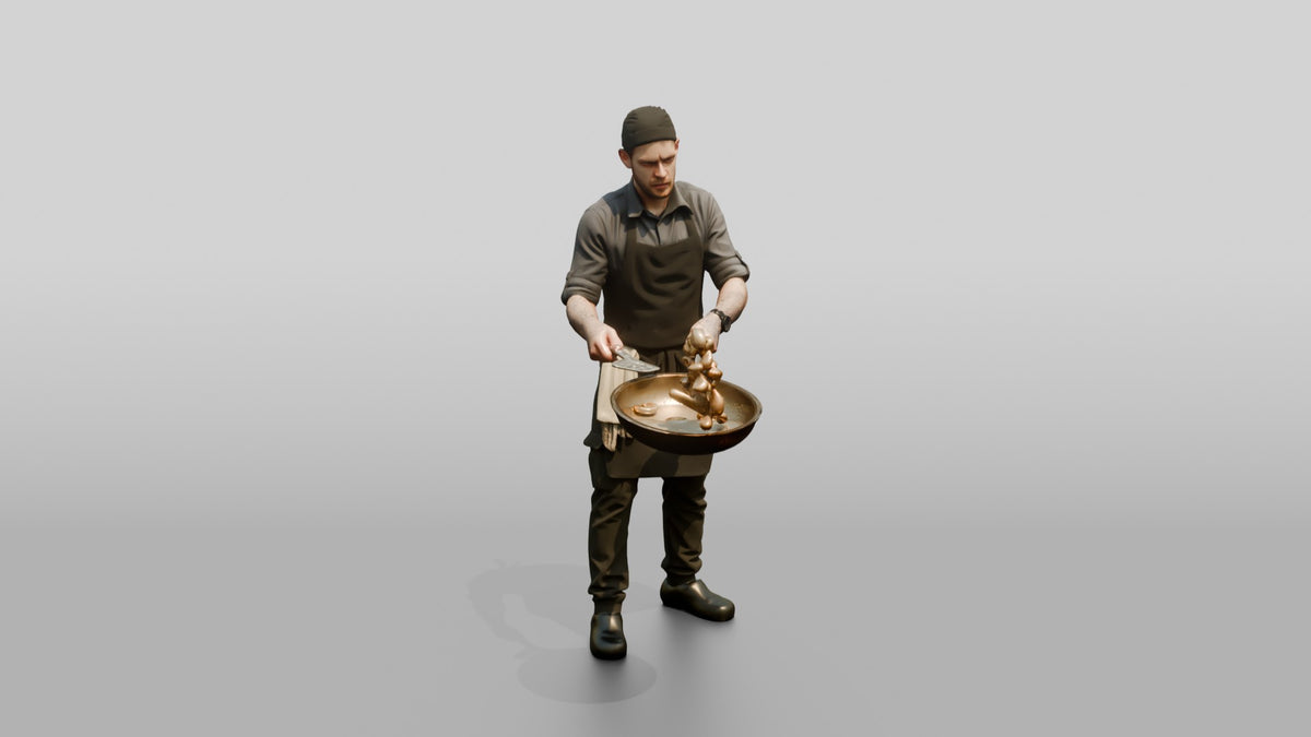 Line Cook Sauteing Mushrooms - 3D character model, view 1
