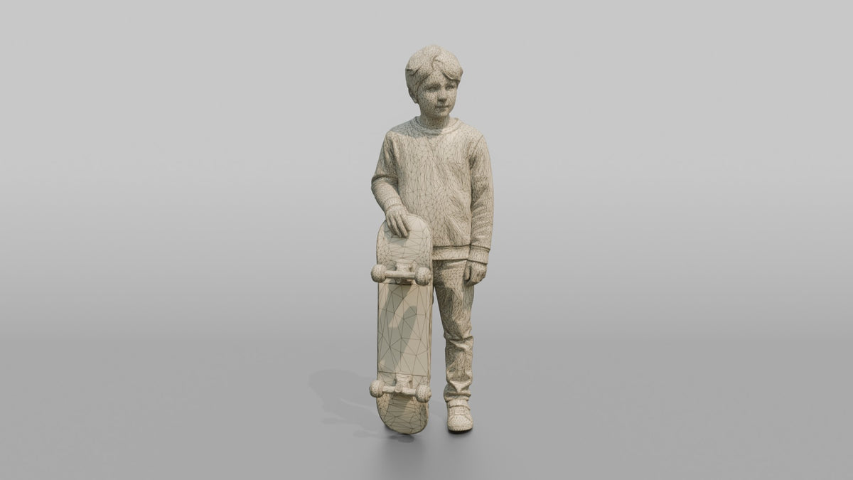 Son Holding A Skateboard Upright At His Side - wireframe topology preview