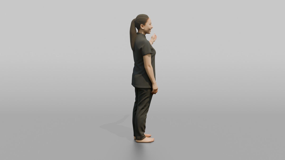 Massage Therapist Woman Gesturing Toward A Treatment Room Door - 3D character model, view 2