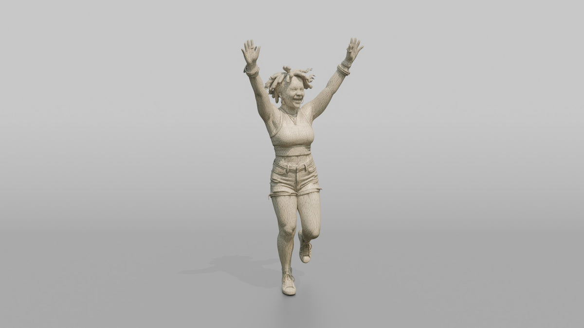 Patron Woman Dancing With Both Hands Up, Glow Stick Bracelets Visible - wireframe topology preview