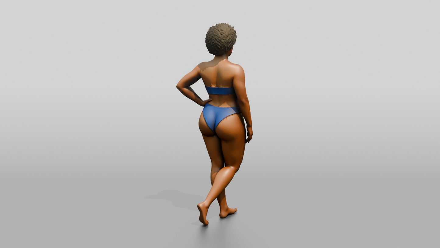 Curvy Black Woman in Blue Two-Piece Swimsuit Hand on Hip