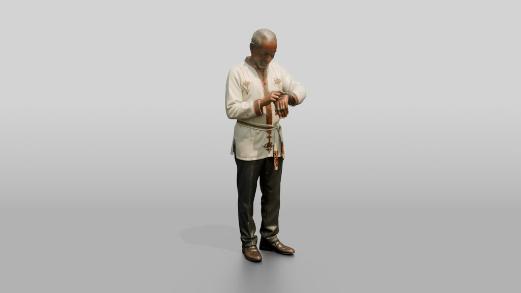 Elderly African Man in an Embroidered Tunic Checking His Watch