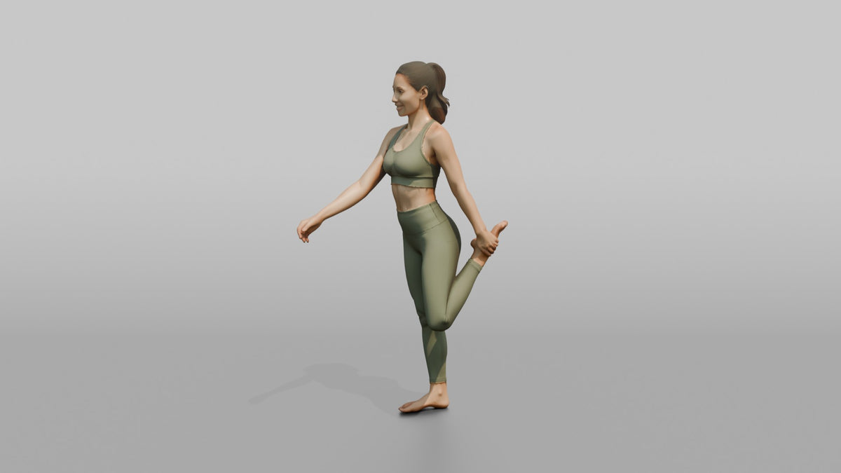 Fitness Influencer Woman Doing A Standing Quad Stretch - 3D character model, view 4