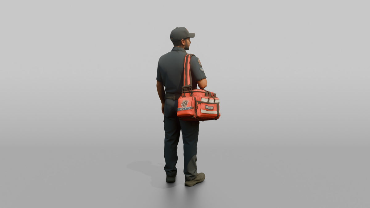 Firefighter Man Carrying a Bright Red Medical Emergency Trauma Bag - 3D character model, view 3