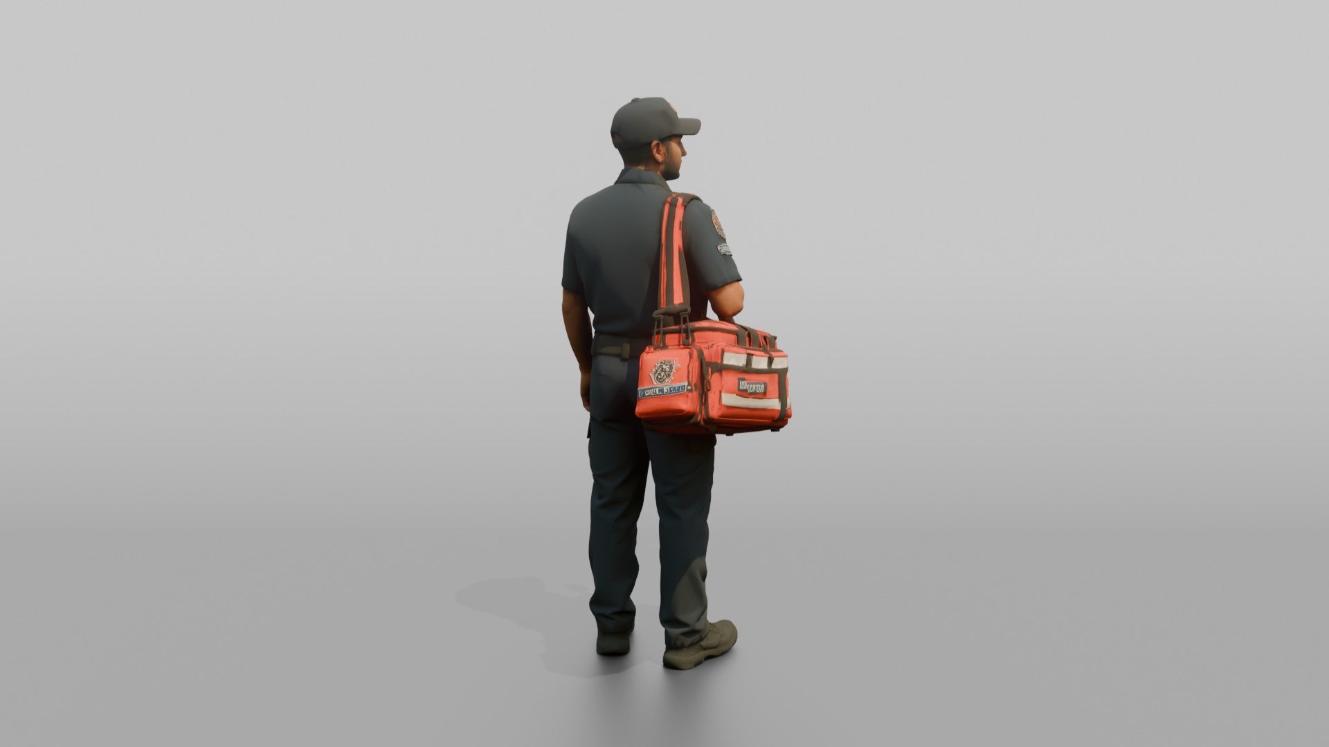 Firefighter Man Carrying a Bright Red Medical Emergency Trauma Bag
