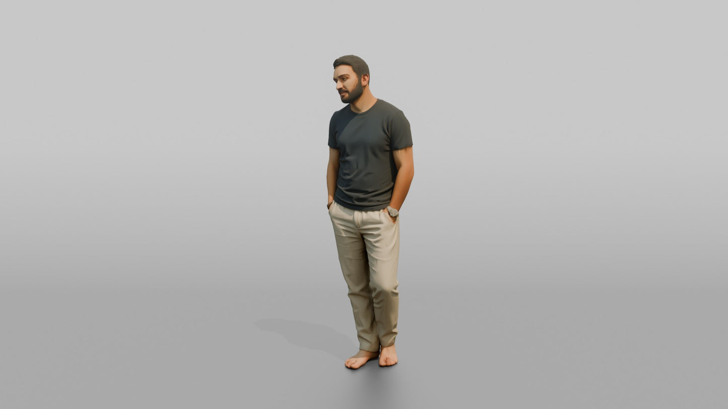 Vacationer Wearing Casual Crewneck Shirt And Linen Pants