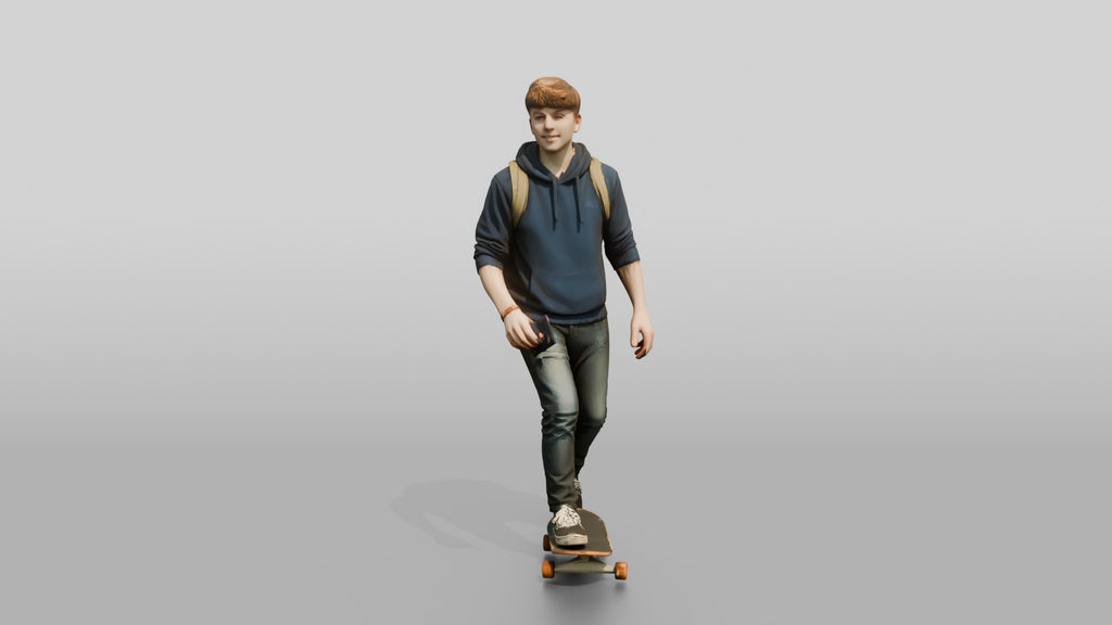 Teen Boy Riding Skateboard with Backpack and Phone