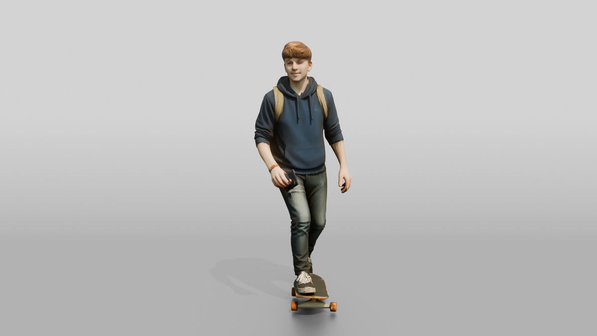 Teen Boy Riding Skateboard with Backpack and Phone - 3D character model, view 5