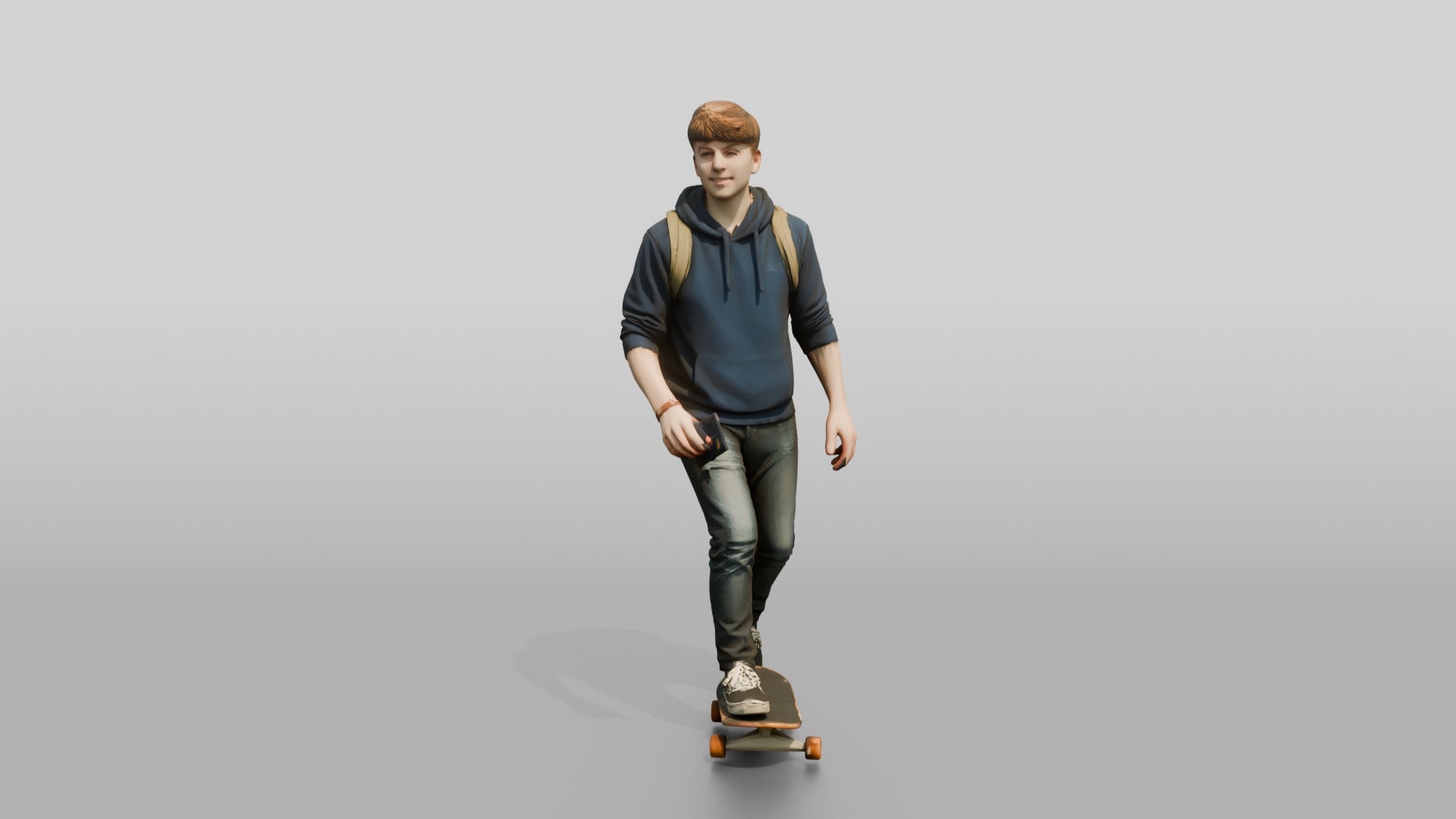 Teen Boy Riding Skateboard with Backpack and Phone
