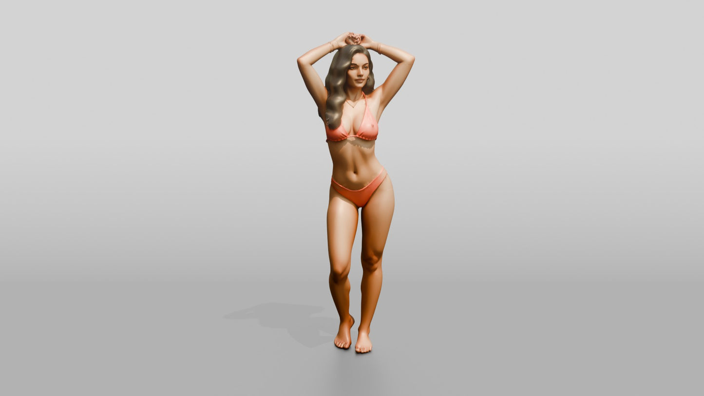 Woman in Coral Two-Piece Swimsuit Adjusting Her Hair