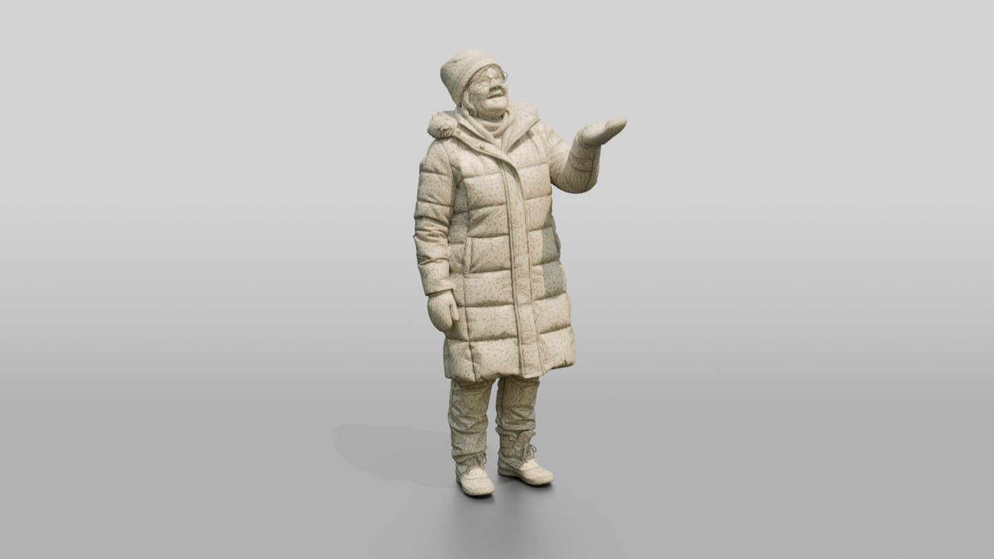Elderly Norwegian Woman Catching Snowflakes