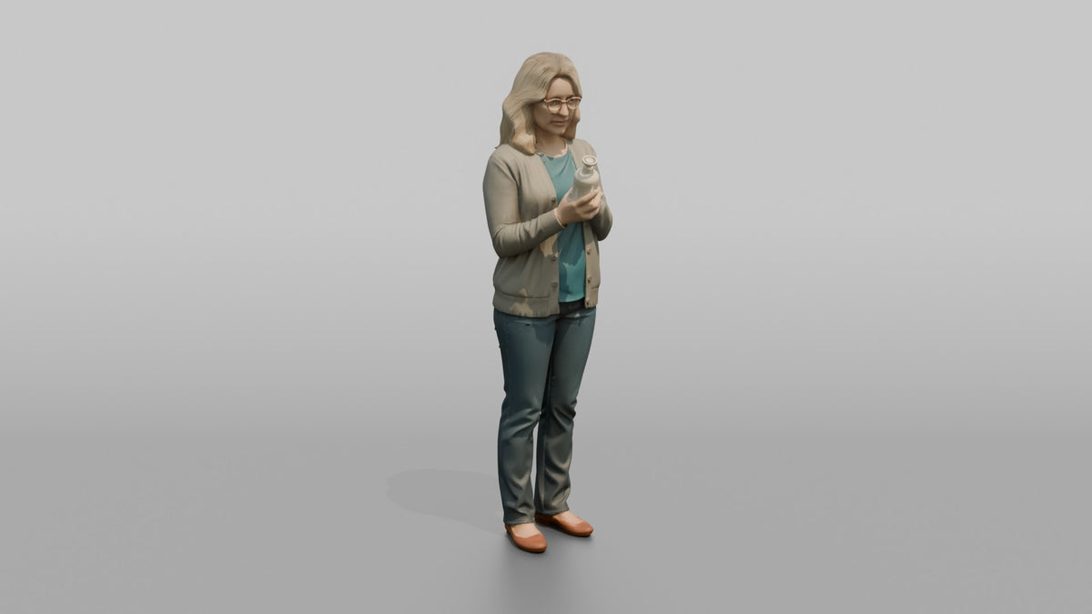 Woman Customer Reading The Label On A Bottle Of Lotion - 3D character model, view 2