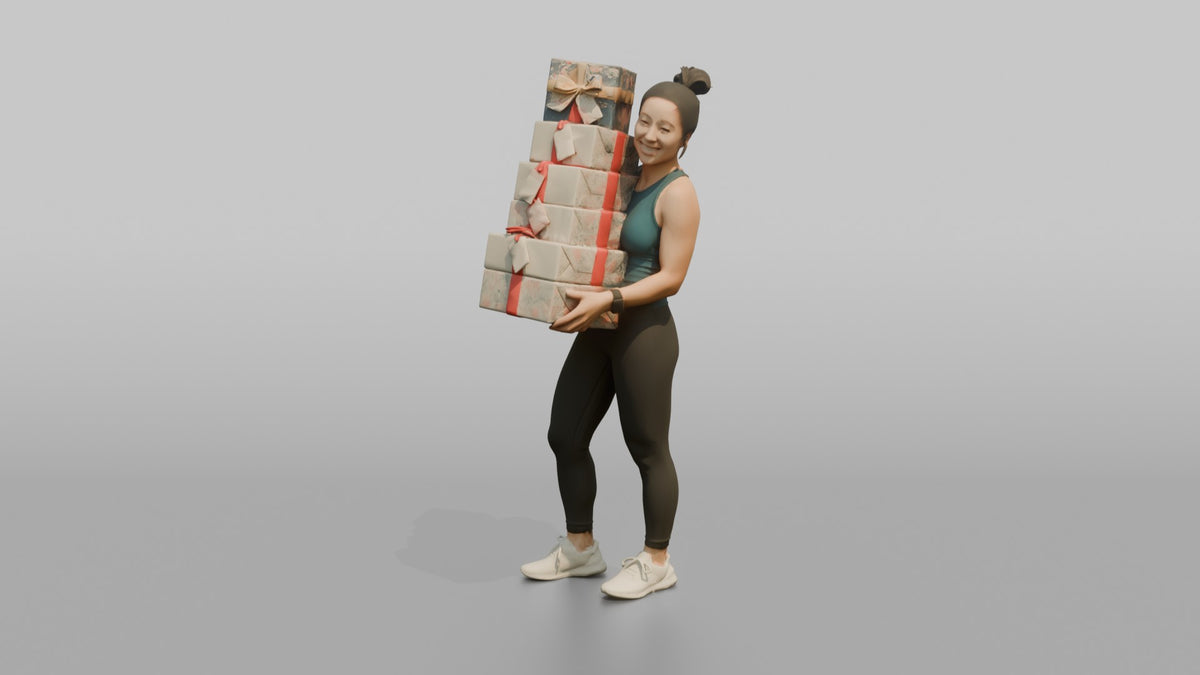 Mother Carrying A Stack Of Gift-wrapped Presents - 3D character model, view 4