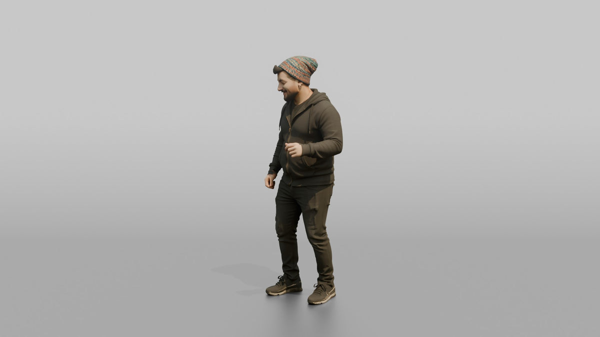 Patron Man Wearing A Colorful Beanie, Nodding Along To Music - 3D character model, view 4