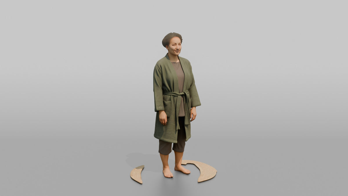 Spa Client Woman Standing Barefoot On A Mat, Arms At Sides, Calm Expression - 3D character model