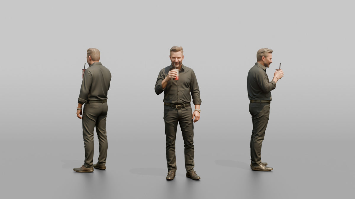 Patron Man Standing Sipping A Cocktail Through A Straw - 3D character model, view 1