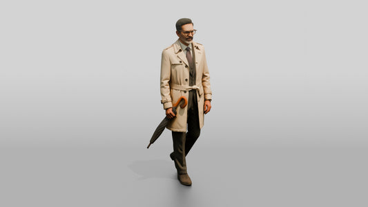 Indian Man in Suit and Trench Coat with Umbrella - 3D character model, view 1