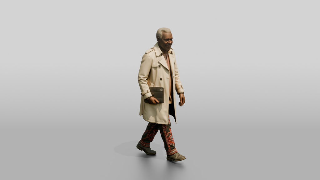 Elderly African Man in a Trench Coat Holding a Tablet