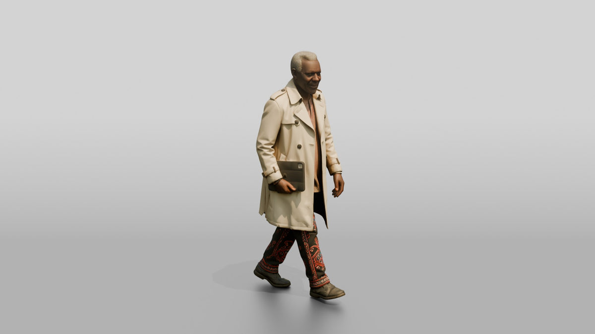 Elderly African Man in a Trench Coat Holding a Tablet - 3D character model, view 5