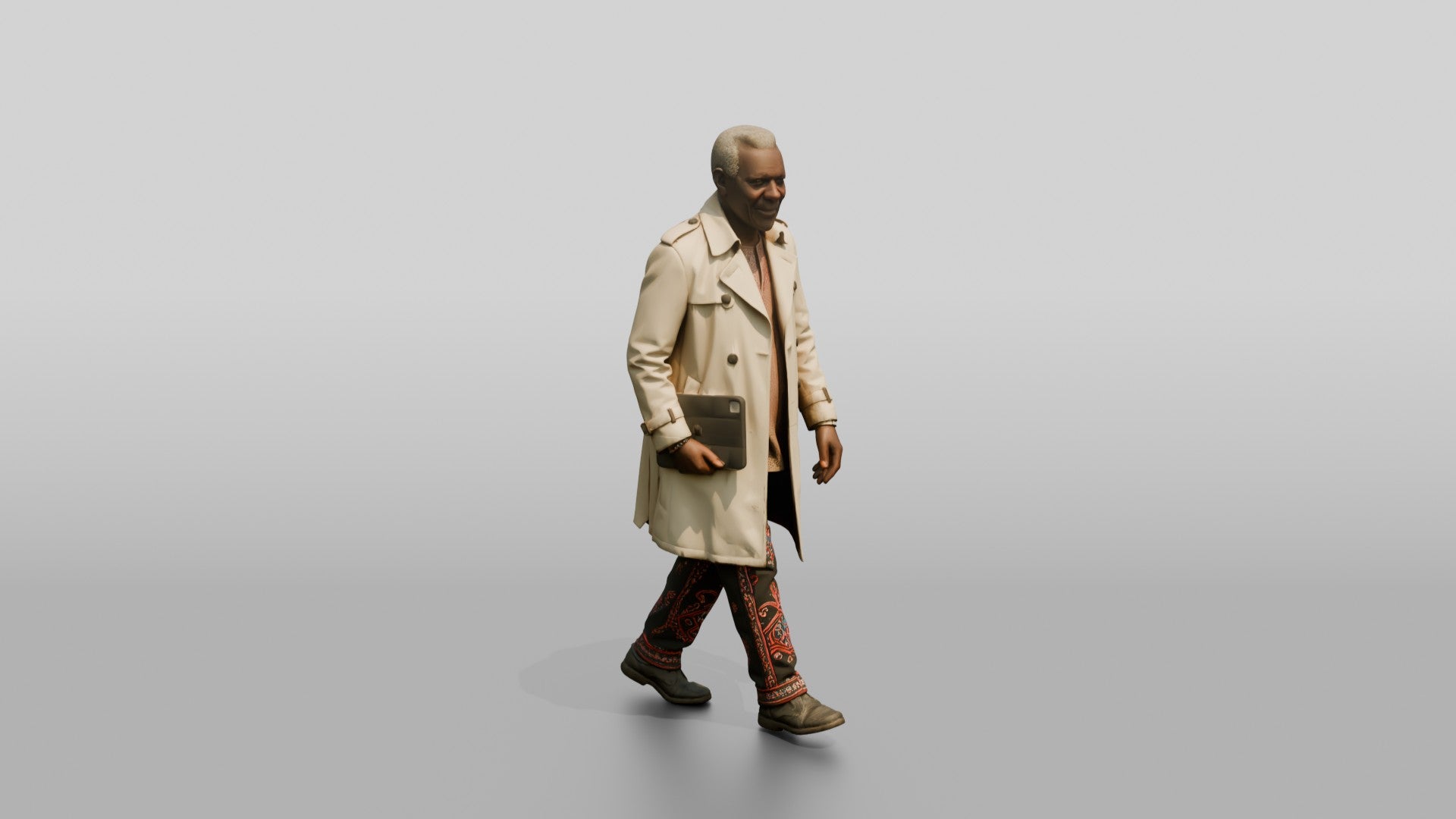 Elderly African Man in a Trench Coat Holding a Tablet