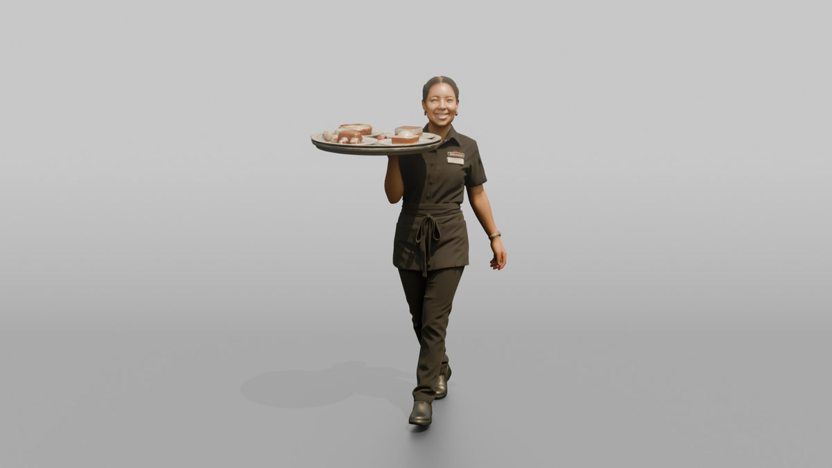 Server Woman Balancing A Tray With Dessert Plates - 3D character model, view 5